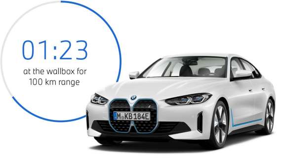 Imagine cu trei sferturi din partea frontală a unui BMW i4 eDrive40 G26 2021 cu grafic pentru timpii de încărcare Imagine cu trei sferturi din partea frontală a unui BMW i4 eDrive40 G26 2021 cu grafic pentru timpii de încărcare