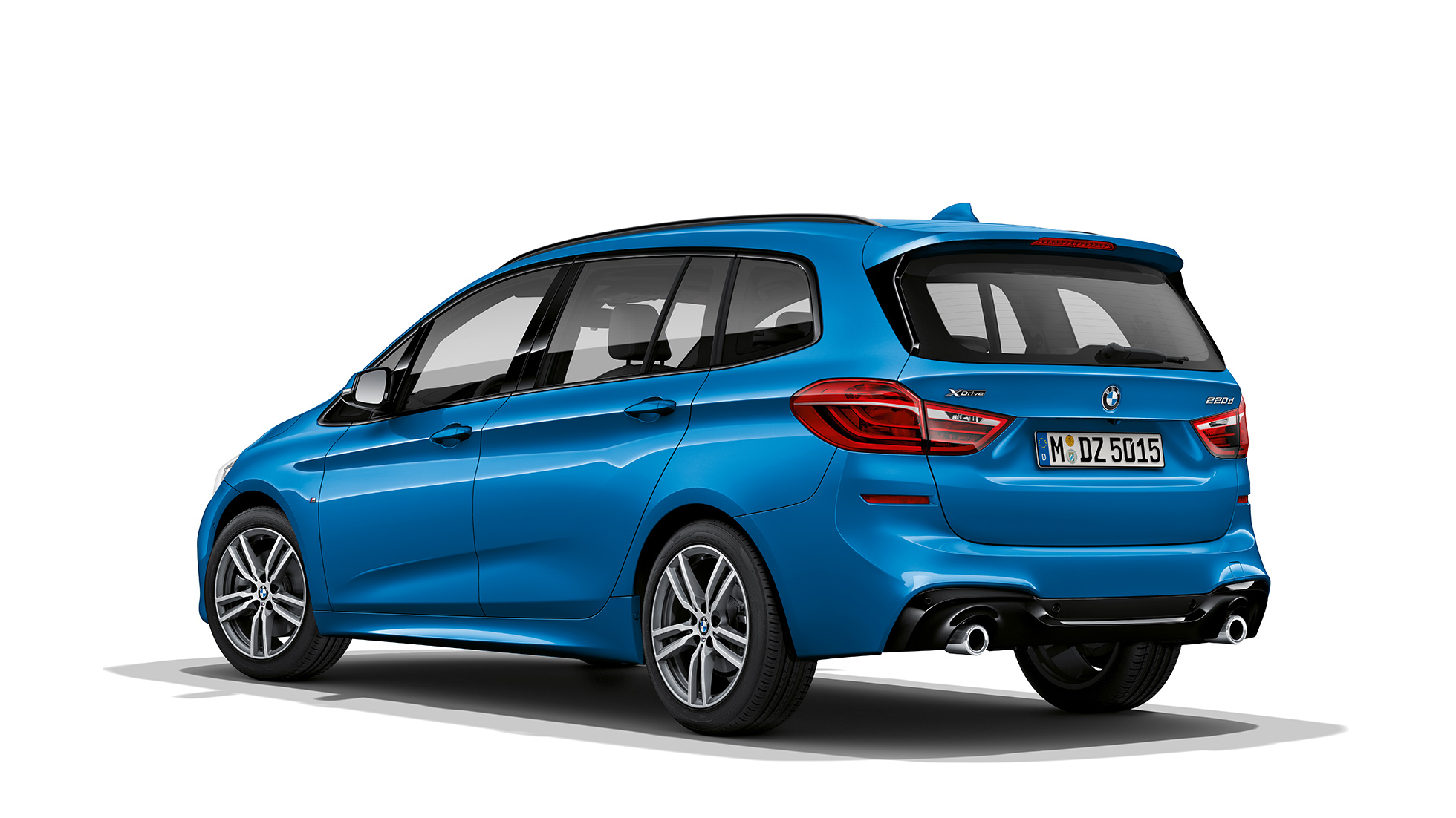 Imagine cu trei sferturi din partea spate a BMW Seria 2 Gran Tourer, F46, cu pachet M Sport Imagine cu trei sferturi din partea spate a BMW 220d xDrive Gran Tourer, F46 Facelift 2018, în Albastru Misano metalizat