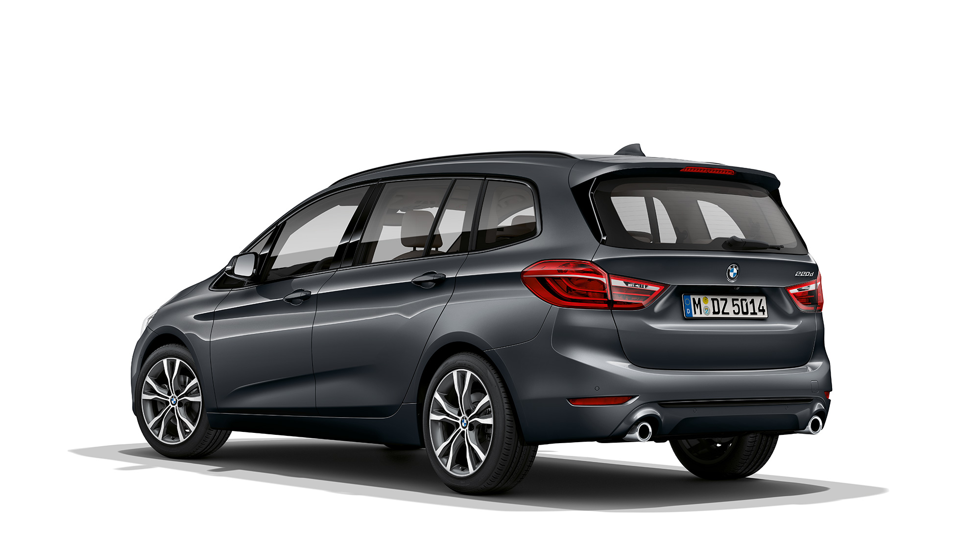 Imagine cu trei sferturi din partea spate a BMW 220d Gran Tourer, F46, 2018, în Gri Mineral metalizat, model Sport Line 
