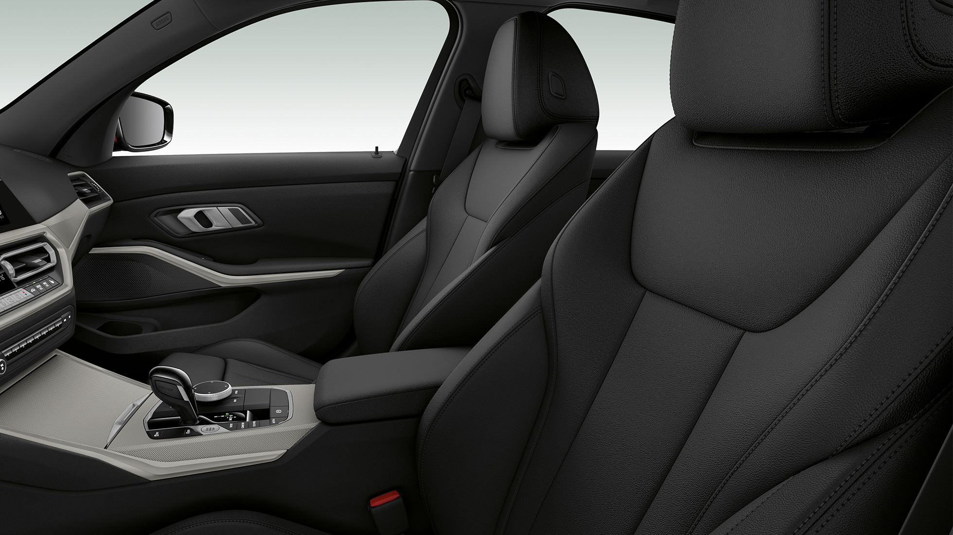 Scaunele faţă ale BMW Seria 3 Sedan model Advantage. Imagine laterală în prim-plan cu scaunele faţă ale BMW Seria 3 Sedan echipat cu modelul Advantage.
