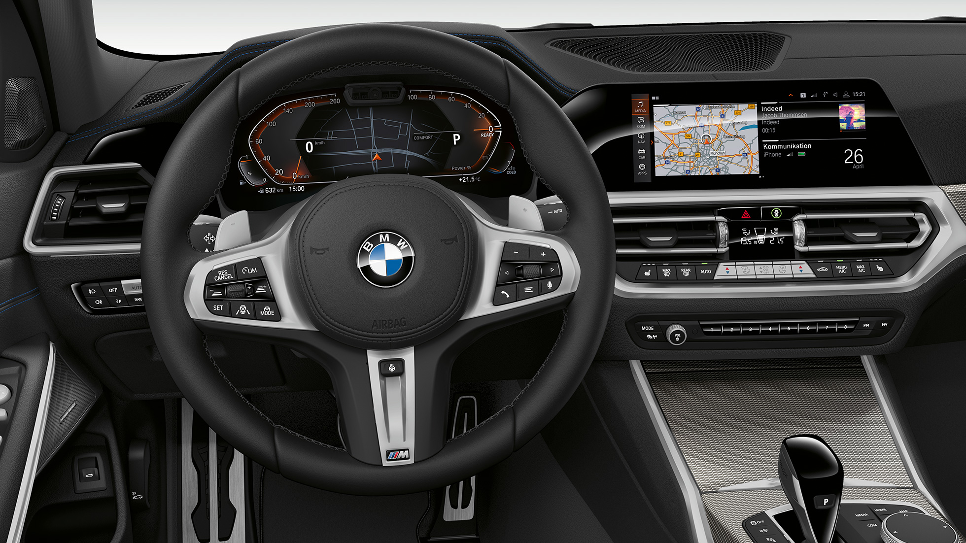 Habitaclu al BMW Seria 3 Sedan model Sport Line. Imagine frontală în prim-plan cu partea de habitaclu a conducătorului auto din BMW Seria 3 Sedan echipat cu modelul Sport Line.