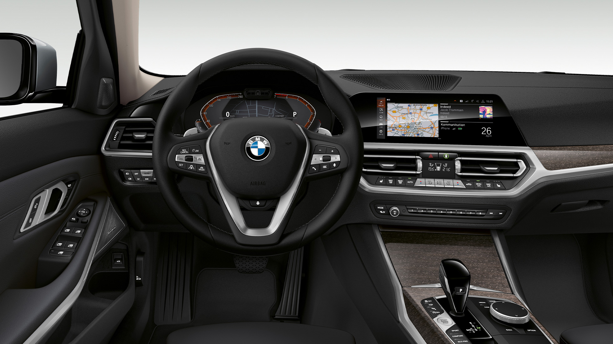 Habitaclu al BMW Seria 3 Sedan model Luxury Line. Imagine frontală în prim-plan cu partea de habitaclu a conducătorului auto din BMW Seria 3 Sedan echipat cu modelul Luxury Line.