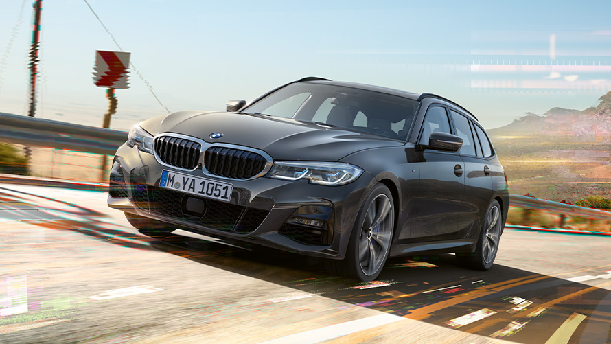 BMW Seria 3 Touring (G21), Gri Dravite, imagine cu trei sferturi din partea frontală BMW Seria 3 Touring (G21), Gri Dravite, imagine cu trei sferturi din partea frontală, fundal rural