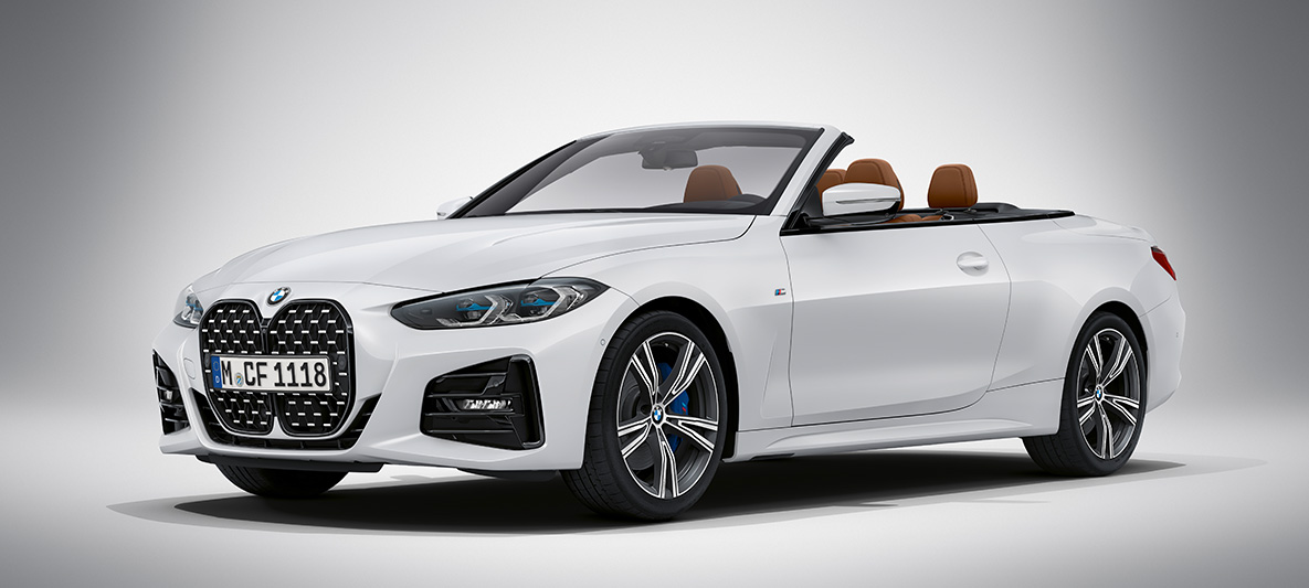 BMW Seria 4 Cabriolet G23 2020 BMW Individual Alb Brilliant Imagine cu trei sferturi din partea frontală a BMW Seria 4 Cabriolet G23 2020, BMW Individual Alb Brilliant, staţionând