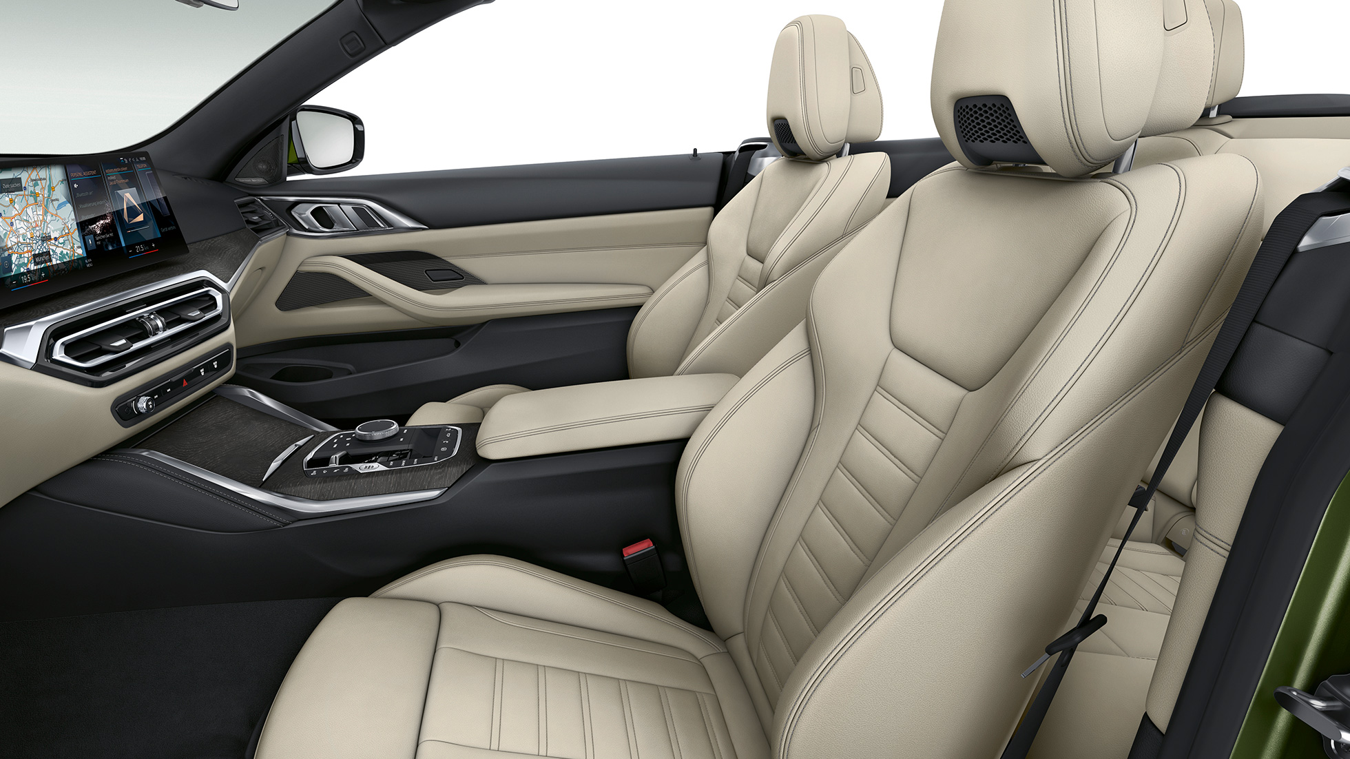 Scaune sport BMW Seria 4 Cabriolet G23 2020, model M Sport Imagine din interior cu scaune sport cu tapiţerie din piele Exclusive a BMW Seria 4 Cabriolet G23 2020, model M Sport