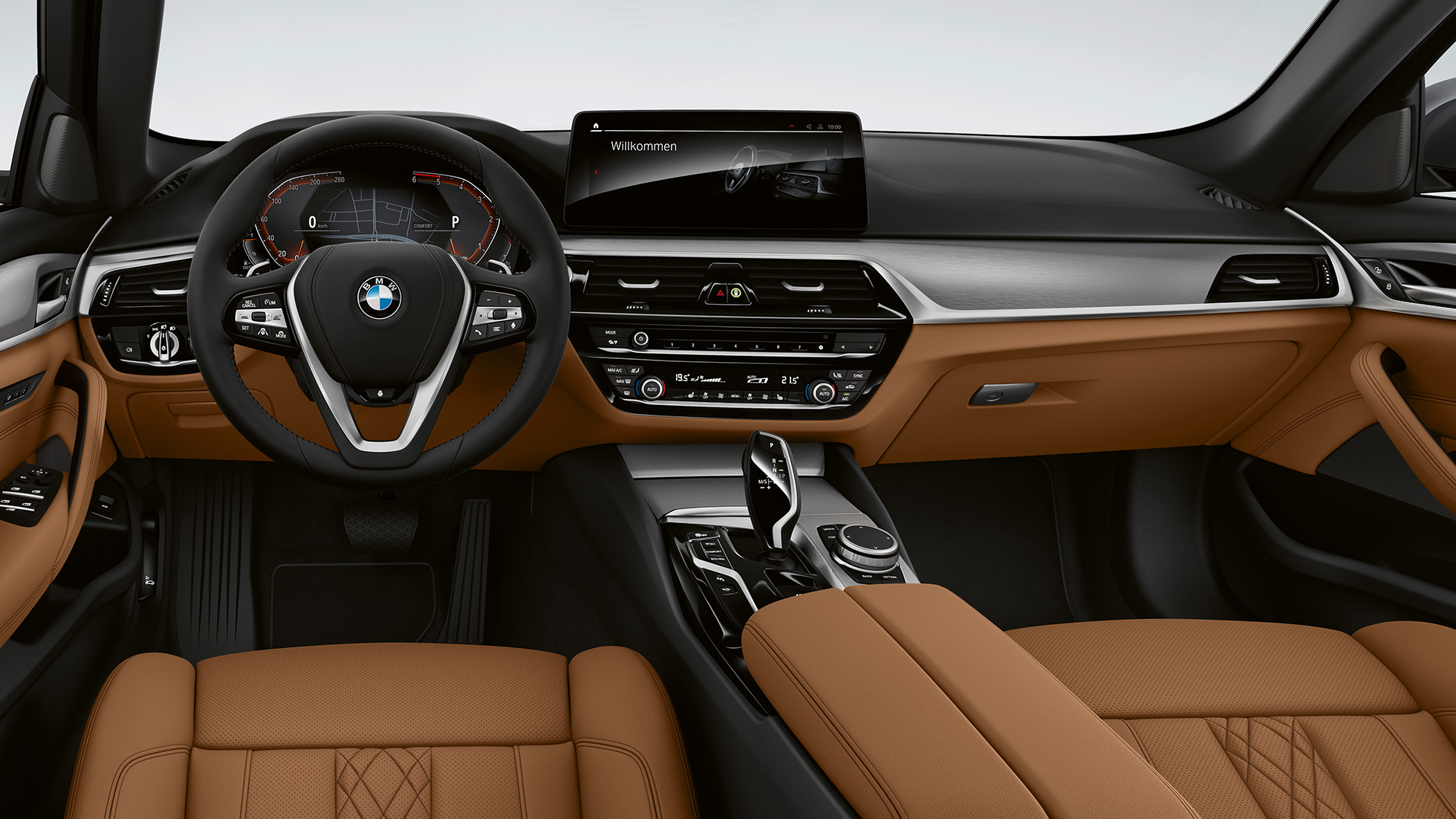 Habitaclul BMW Seria 5 Sedan, G30, cu echipamente de bază Imagine cu habitaclul BMW 540i Sedan, G30, 2020, cu echipamente de bază şi tapiţerie din piele Sensatec în Cognac