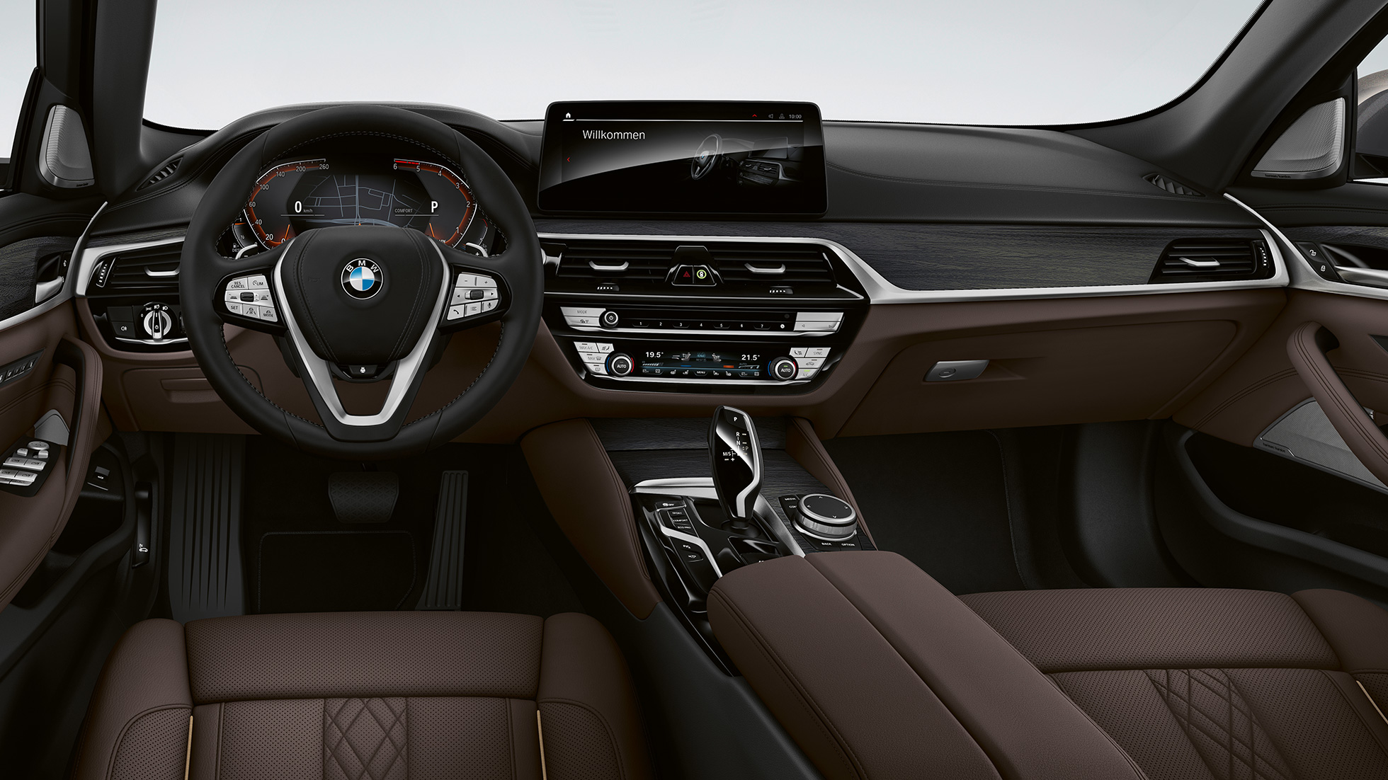 Habitaclul BMW Seria 5 Sedan, G30, cu echipamente Luxury Line Imagine cu habitaclul BMW 520d xDrive Sedan, G30, 2020, cu echipamente Luxury Line şi tapiţerie din piele Nappa în Mokka, cu cusături exclusiviste şi ornamente contrastante