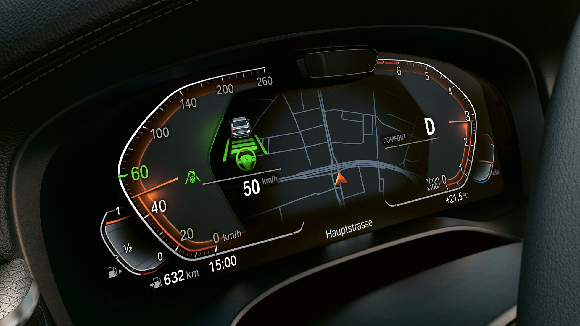 Display-ul pentru informaţii al BMW Seria 5 Touring, G31 Imagine în prim plan cu interiorul BMW Seria 5 Touring, G31, Facelift, 2020, cu display-ul pentru informaţii