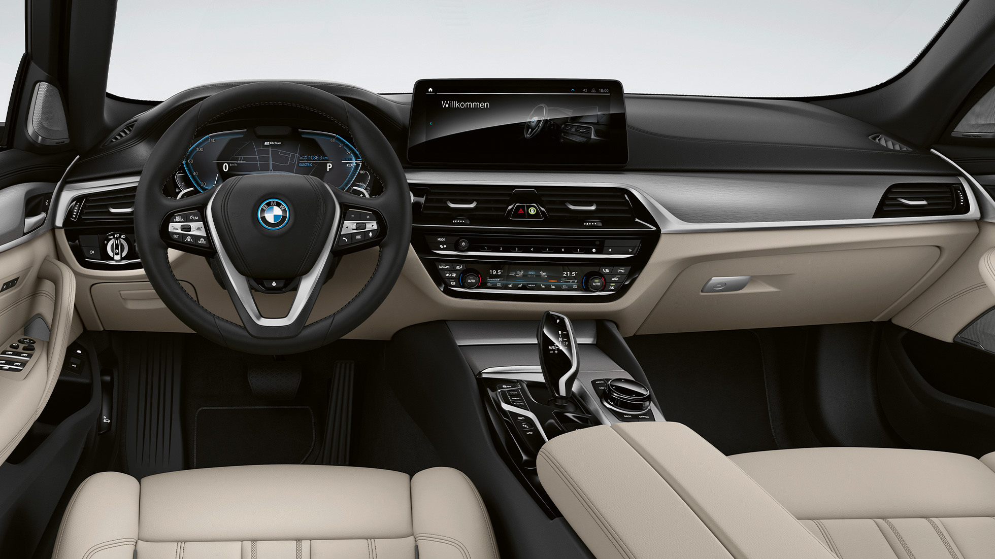 Habitaclul BMW Seria 5 Touring, G31, cu echipamente de bază Imagine cu habitaclul BMW 530i Touring, G31, 2020, cu echipamente de bază şi tapiţerie din piele Dakota în Alb Ivory, cu cusături exclusiviste şi ornamente contrastante