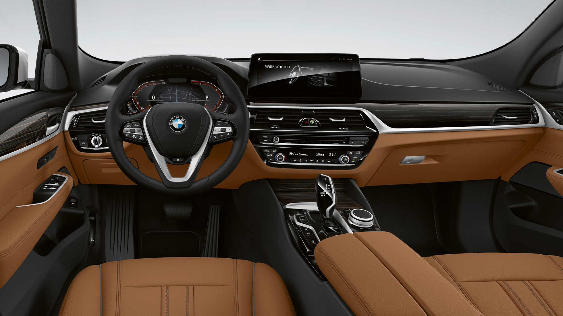 Habitaclul BMW Seria 6 Gran Turismo, G32, 2020, cu echipamente de bază Imagine cu interiorul BMW 620d Gran Turismo, G32, 2020, cu echipamente de bază şi tapiţerie din piele Dakota în Cognac/ neagră