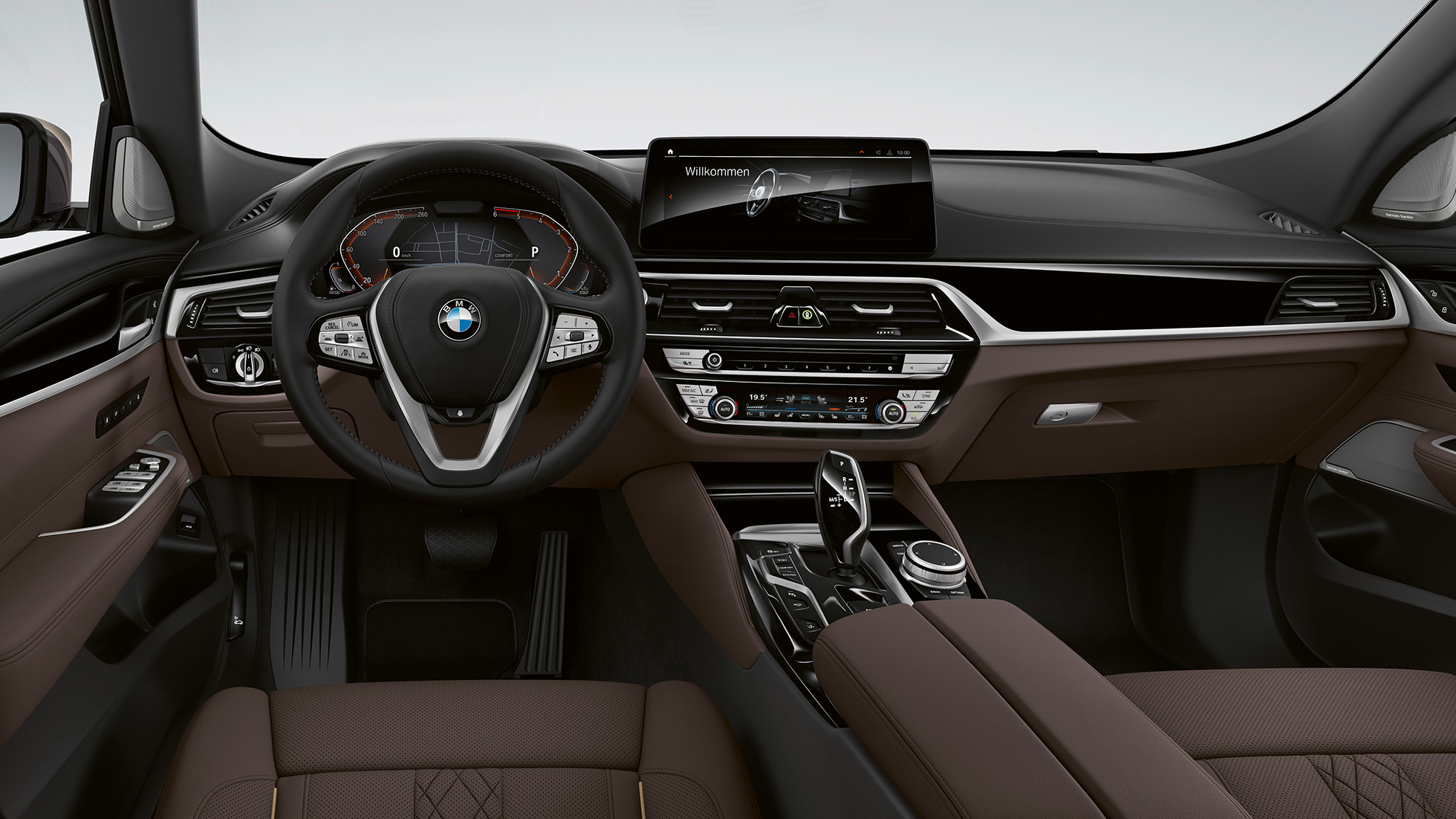 Habitaclul BMW Seria 6 Gran Turismo, G32, 2020, cu echipamente Luxury Line Imagine cu interiorul BMW 640d xDrive Gran Turismo, G32, 2020, în Gri Dravit, cu echipamente Luxury Line şi tapiţerie din piele Nappa în Mokka