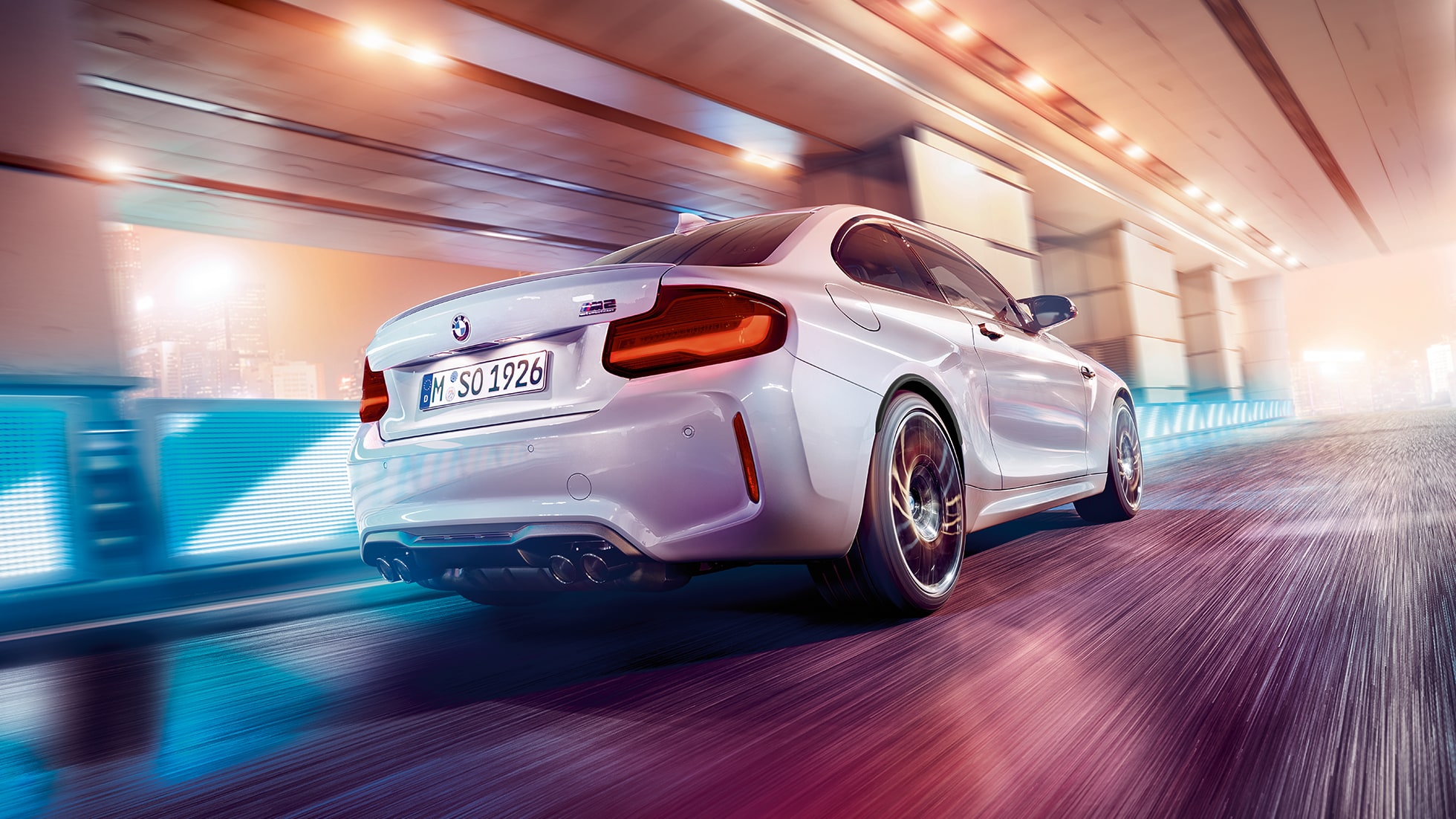 Designul părţii spate a BMW M2 Competition, F87 Imagine cu trei sferturi din partea spate a BMW M2 Competition, F87, 2018, în Argintiu Hockenheim metalizat