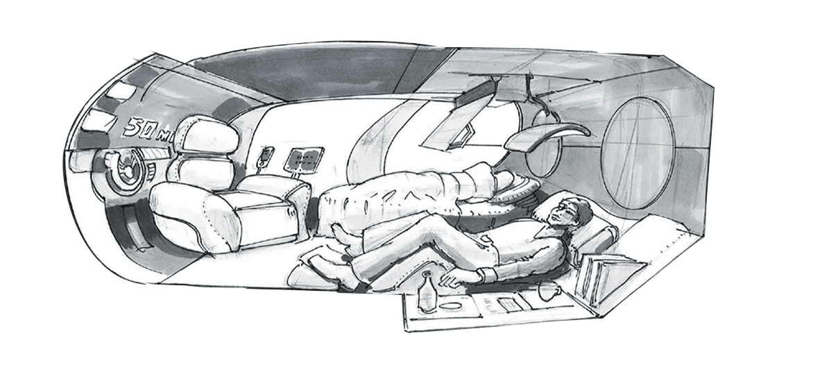 Interiorul automobilului în viitor Schiţă a interiorului unui automobil autonom în viitor.