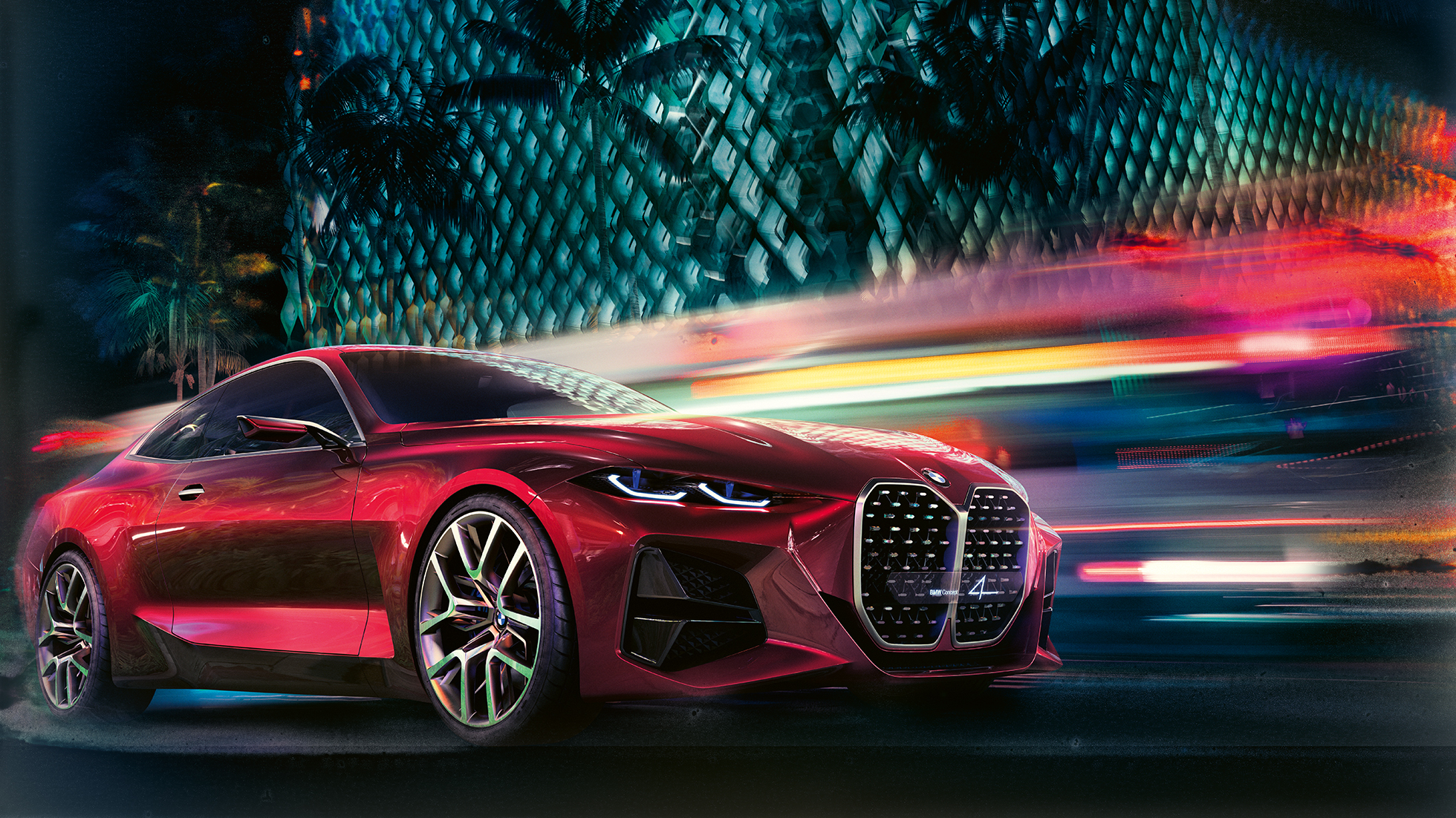 Imagine cu trei sferturi din partea frontală a BMW Concept 4 Imagine cu trei sferturi din partea frontală a BMW Concept 4, în Roşu Forbidden