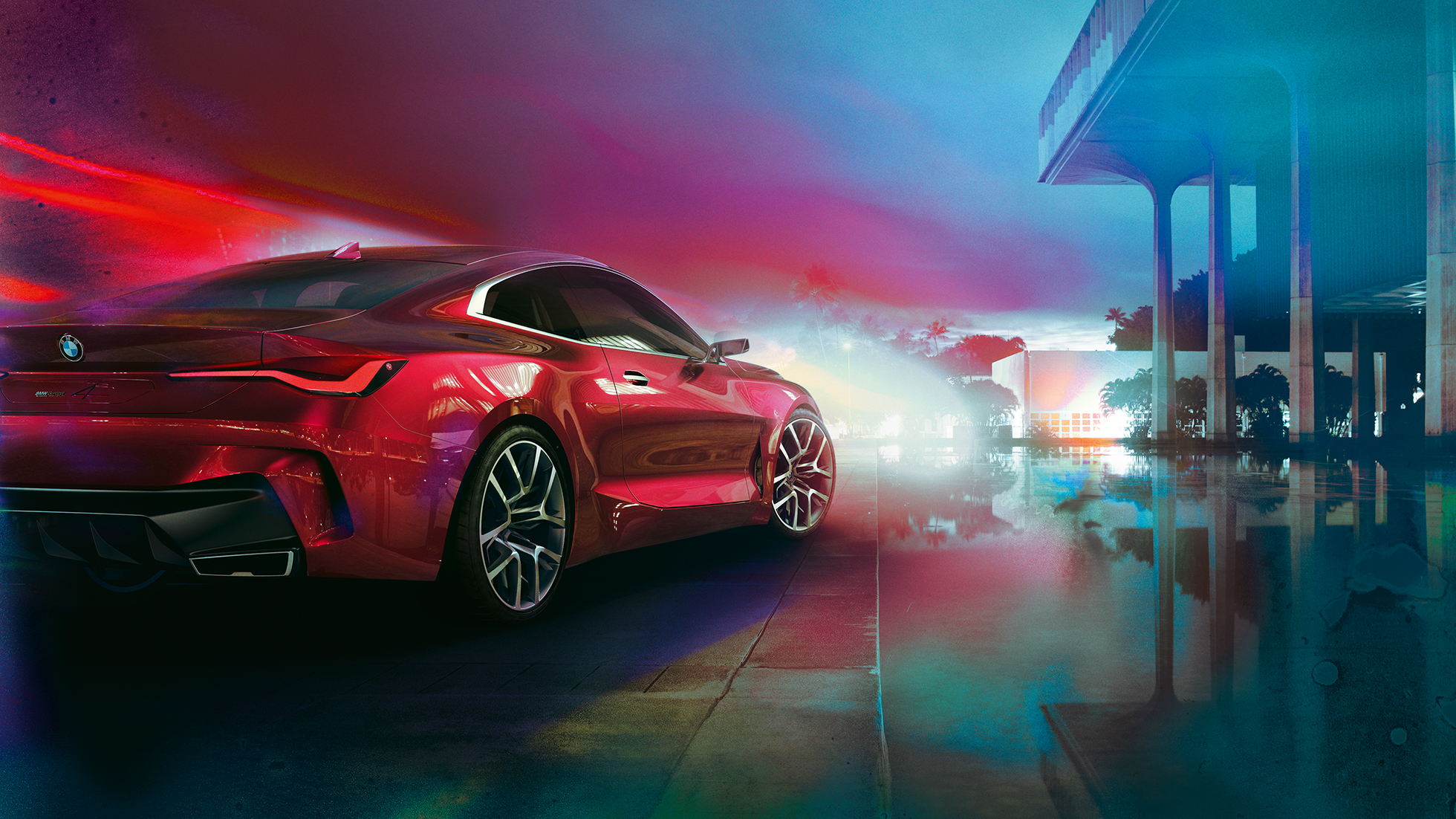 Imagine cu trei sferturi din partea spate a BMW Concept 4 Imagine cu trei sferturi din partea spate a BMW Concept 4, în Roşu Forbidden