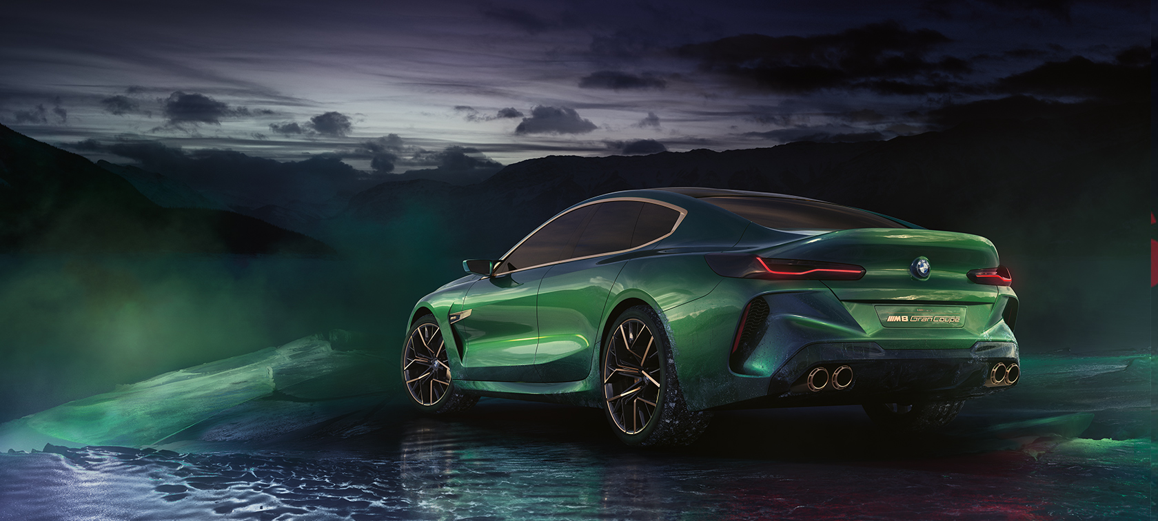 Imagine cu trei sferturi din partea spate a BMW M8 Gran Coupé Concept Imagine cu trei sferturi din partea spate a BMW M8 Gran Coupé Concept într-un peisaj îngheţat
