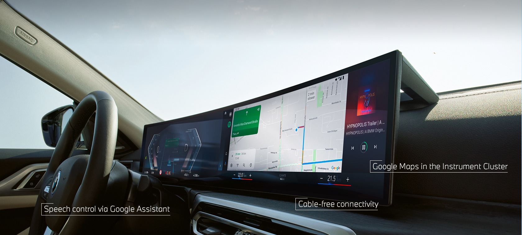 Android Auto™ pe afişajul curbat BMW Android Auto™ pe afişajul curbat BMW în automobil cu BMW ConnectedDrive